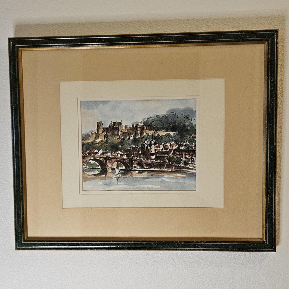 Framed Colored Etching scenic cityscape artwork art gallery decor